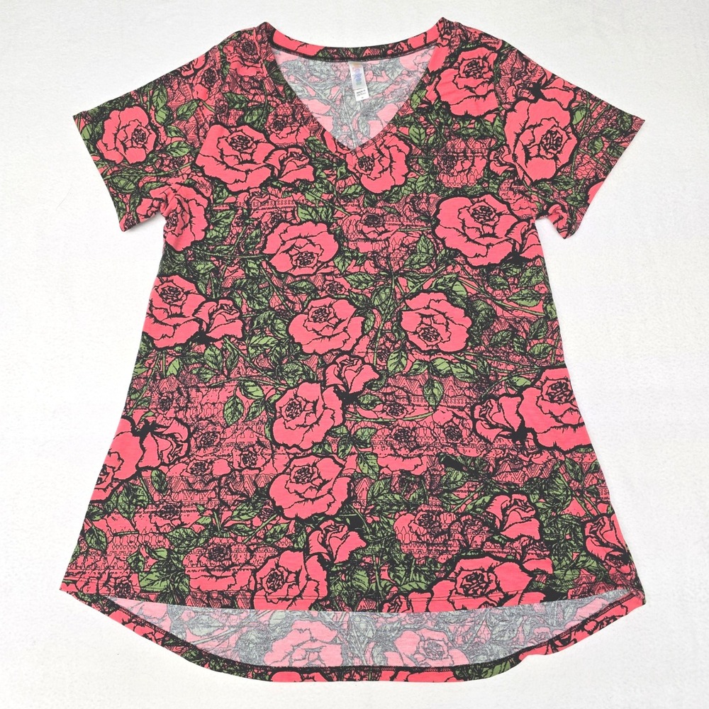 LuLaRoe Classic T Pink Green Floral Rose Print V-Neck High Low Top Medium